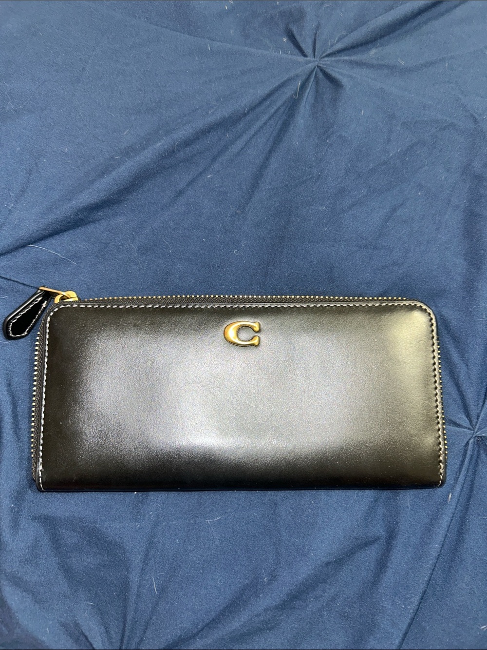 Coach Black Leather Zip Wallet with Gold C Accent